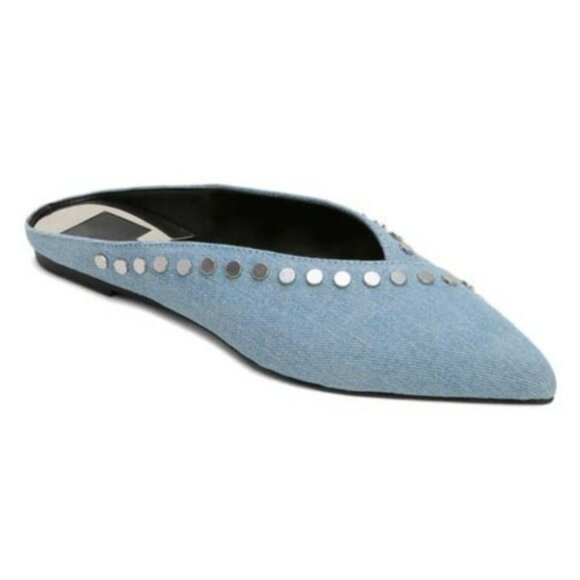 Dolce Vita Ramsey Light Blue Denim Silver Studded Mules Sz 9 NWT Slip On Flats - Picture 1 of 14